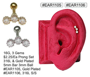 #EAR1105, #EAR1106, 16G 3 Gem Ear Cartilage